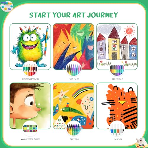 homicozy Art Supplies for Kids Ages 4-12,Dinosaur Drawing Sets Art  Case,Coloring Kits with Double Sided Trifold Easel,Crayon,Colored