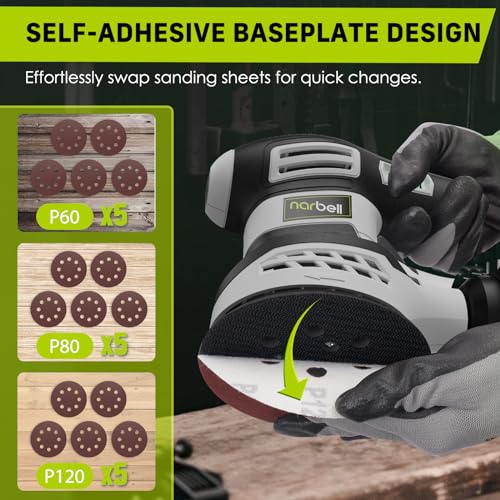 NARBELL Orbital Sander 3.0AMP(360W),14000RPM Random Orbit Sander Tool with 6 Variable Speeds, 5" Electric Palm Sander Kit with Dust Bag,15pcs Narbell