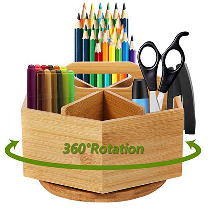 Marbrasse Bamboo Art Supply Organizer, Rotating Pencil Pen Holder, Office Supplies Desktop Storage Caddy, Like Colored Pencils, Pen, Markers, Paint
