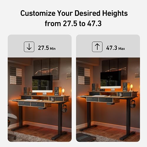 FEZIBO 55 x 24 Electric Standing Desk Adjustable Height with 4 Drawers, Sit Stand Desk with Storage Shelf, Rising Desk with Splice Board, Black FEZIBO