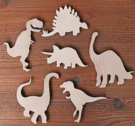 6-Pack Dinosaur Wood Cutout Shapes Cut Out T-Rex Brontosaurus Brachiosaurus Velociraptor + More (6 Longest Side) Texan Wood Crafts