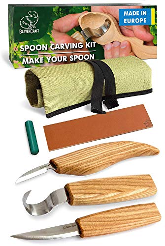 BeaverCraft S13 Wood Carving Tools Set for Spoon Carving 3 Knives in Tools Roll Leather Strop and Polishing Compound Hook Sloyd Detail Knife