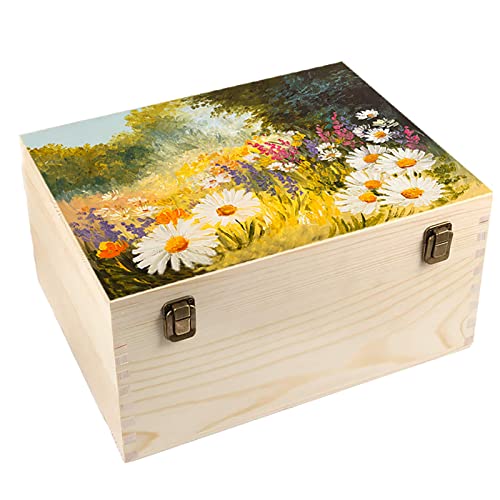 Frcctre Extral Large Unfinished Wooden Box, 13 x 10 x 6.5 inch Natural Unfinished Pine Wood Box with Hinged Lid and Front Clasp for DIY Craft Art