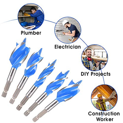 SOMADA Auger Drill Bit Set for Wood, 5-Piece, 1/2", 5/8", 3/4", 7/8" and 1" Inch Size, 4-Inch Long with Storage Case, Impact Wood Auger Set with - WoodArtSupply