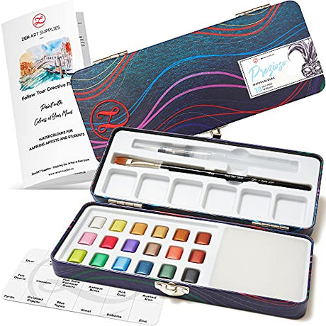 Metallic Watercolor Paints for Beginners - 18 Half-Pan Glitter Watercolor Paint Set with Paintbrush, Water Brush, Mixing Area in a Beautiful Tin Box ZenART Supplies
