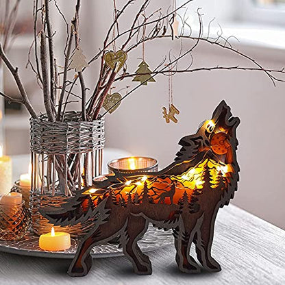 Linwnil Forest Animal Wooden Home Wall Sculptures Ornament,Multi-Layer 3D Wood Carving Art Shelf Table Wood Crafts Home Furnishing (Wolf)