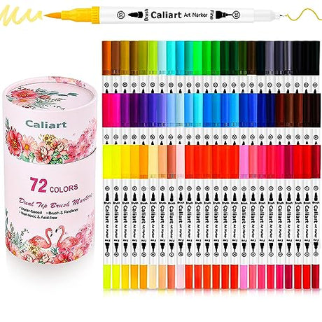 Caliart Markers for Adult Coloring, 72 Dual Tip Brush Pen Art Markers, Water Based Numbered (Fine & Brush Tip), Halloween Lettering Drawing Sketching Caliart