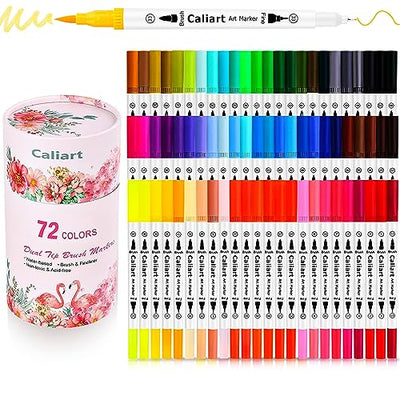 Caliart Markers for Adult Coloring, 72 Dual Tip Brush Pen Art Markers, Water Based Numbered (Fine & Brush Tip), Halloween Lettering Drawing Sketching