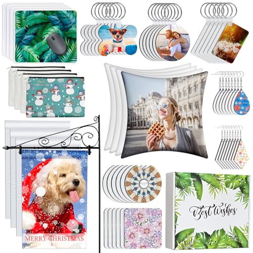 AMDAILY 114Pcs Sublimation Blanks Set - Adult DIY Art Craft Kit with Mouse Pad, Makeup Bag, Keychain, Earring, Pillow Cover, Coaster, Garden Flag - AMDAILY