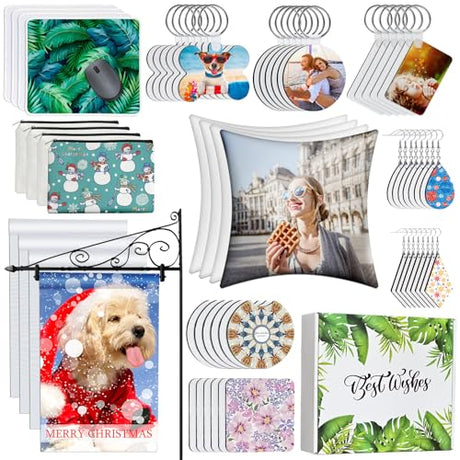 AMDAILY 114Pcs Sublimation Blanks Set - Adult DIY Art Craft Kit with Mouse Pad, Makeup Bag, Keychain, Earring, Pillow Cover, Coaster, Garden Flag - AMDAILY