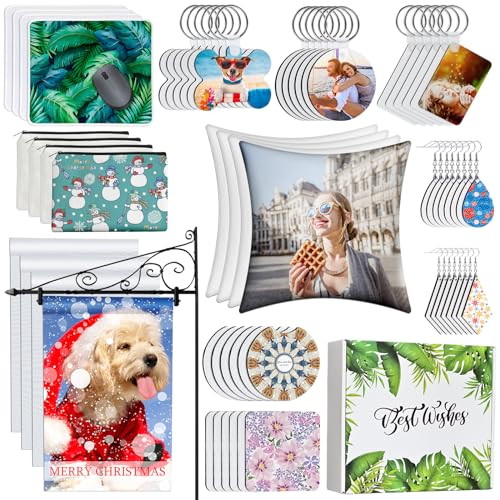 AMDAILY 114Pcs Sublimation Blanks Set - Adult DIY Art Craft Kit with Mouse Pad, Makeup Bag, Keychain, Earring, Pillow Cover, Coaster, Garden Flag - - WoodArtSupply