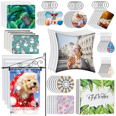 AMDAILY 114Pcs Sublimation Blanks Set - Adult DIY Art Craft Kit with Mouse Pad, Makeup Bag, Keychain, Earring, Pillow Cover, Coaster, Garden Flag -