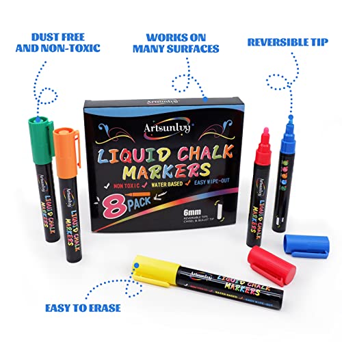 Artsunlvy 8 Colors Chalk Markers,Erasable, Non-Toxic, Water-Based, Reversible Tips, Chalkboard Markers for Kids,Adults,Signs, Windows, Blackboard,Dry Artsunlvy