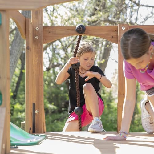 Backyard Discovery Endeavor II All Cedar Wood Swing Set Playset for Backyard with Wave Slide Climbing Wall with Rope Picnic Table Double Wide Rock Backyard Discovery