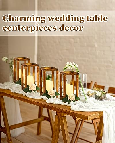 Huquary 24 Pcs Wooden Candle Lantern Bulk Wedding Lantern Centerpiece Includes 12 Farmhouse Wooden Candle Holder and 12 Flameless Decorative Led - WoodArtSupply