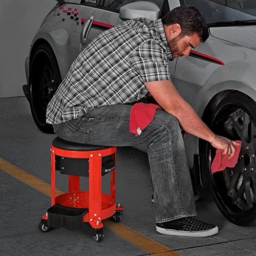 M-AUTO Rolling Workshop Mechanic Stool Creeper Seats with Tool Storage Drawers and Can Holders, 300LbS Garage Rolling Toolbox Stool with Wheels, Work M-AUTO