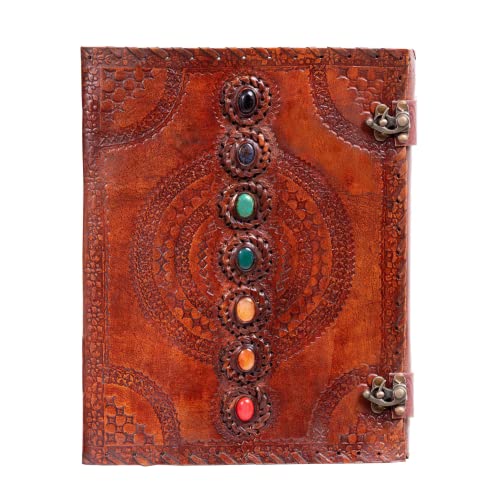 Hell Blues Leather Unlined Bound Journal 13 x 10 inches Large Rustic Diary Seven Chakra Medieval 7-Stone Embossed Handmade Sketchbook Vintage Writing Hell Blues