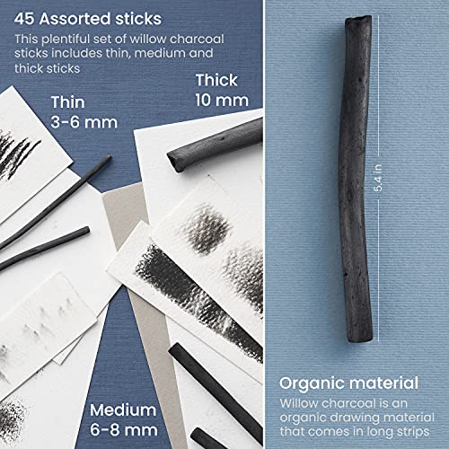 Arteza Willow Charcoal Sticks, Set of 45, Assorted Sketching Charcoal — Thin 3-6 mm, Medium 6-8 mm, and Thick 10 mm, Art Supplies for Professionals, ARTEZA