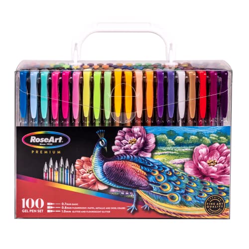 RoseArt Premium 100ct Gel Pen Set Great for Artists, Teachers, Students Featuring Classic, Neon, Pastel, Glitter, Metallic, Neon Glitter and Swirled