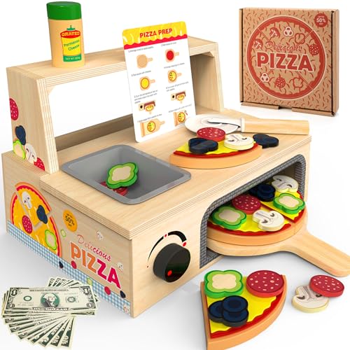 WOODMAM Wooden Pizza Toy - 48 PCS Montessori Pretend Play Food for Ages 3+, Educational Learning Toy Wooden Playset with Bake Oven, Christmas