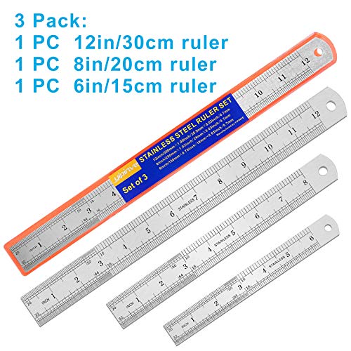 3PCS Stainless Steel Ruler, Metal Ruler Set (6 8 12 inch), Steel Ruler with Inch and Metric, Machinist Ruler, Metric Ruler, Imperial Ruler, for Yipinve