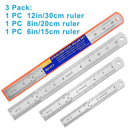 3PCS Stainless Steel Ruler, Metal Ruler Set (6 8 12 inch), Steel Ruler with Inch and Metric, Machinist Ruler, Metric Ruler, Imperial Ruler, for - WoodArtSupply