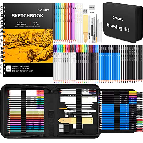 Caliart Drawing Supplies, Art Set Sketching Kit with 100 Sheets 3-Color Sketch Book, Graphite Colored Charcoal Watercolor & Metallic Pencils, Gifts Caliart
