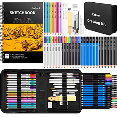 Caliart Drawing Supplies, Art Set Sketching Kit with 100 Sheets 3-Color Sketch Book, Graphite Colored Charcoal Watercolor & Metallic Pencils, Gifts