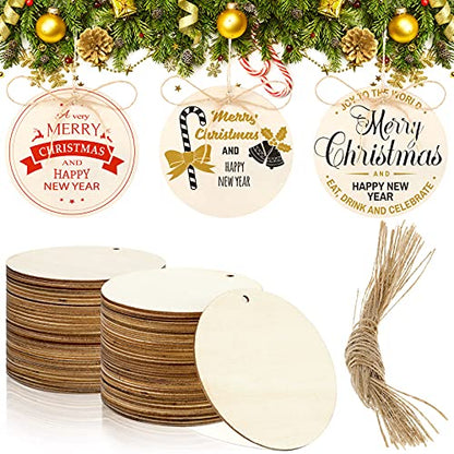 60 Pieces Wooden Unfinished Circle with Holes Round Wood Cutout Blank Painting Disc Slices Hanging Round Wooden Slices Unfinished Wooden Ornament for
