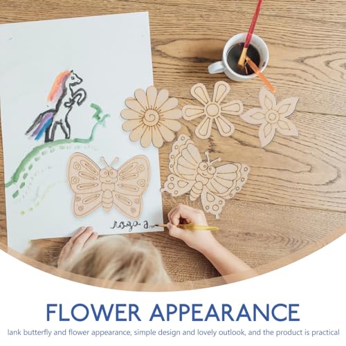 KALLORY 18pcs Unfinished Wooden Cutouts Butterfly Wood Slices Flower Unfinished Wood Cutouts Blank Wooden Paint Crafts for Kids Painting DIY Crafts KALLORY