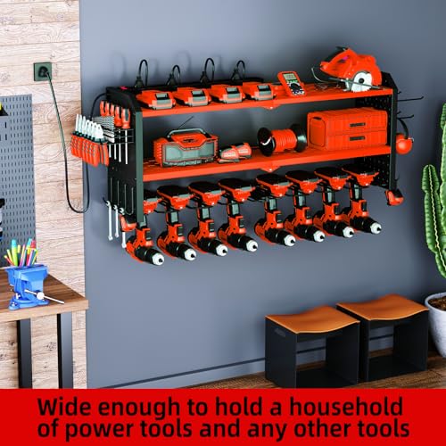 KAFAHOM Power Tool Organizer with Charging Station, Built in 8 Outlet Power Strip,Large 8 Drill Holder Wall Mount, Heavy Duty Metal Power Tool KAFAHOM