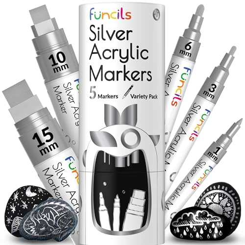 Funcils 5 Acrylic Silver Paint Pen - Silver Marker Metallic Paint Pens for Fabric, Wood, Canvas, Leaf, Metal, Glass - Silver Paint Pen Fine Tip, Thin Funcils