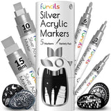 Funcils 5 Acrylic Silver Paint Pen - Silver Marker Metallic Paint Pens for Fabric, Wood, Canvas, Leaf, Metal, Glass - Silver Paint Pen Fine Tip, Thin Funcils