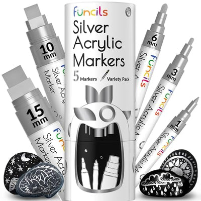 Funcils 5 Acrylic Silver Paint Pen - Silver Marker Metallic Paint Pens for Fabric, Wood, Canvas, Leaf, Metal, Glass - Silver Paint Pen Fine Tip, Thin