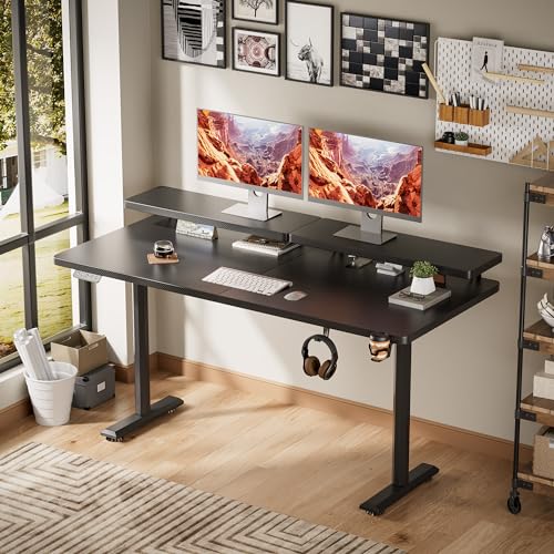 Shahoo Electric Standing Desk with Monitor Shelf, 55 x 24 Inches Height Adjustable Corner Table, Computer Workstation with Cup Holder and Hook for - WoodArtSupply