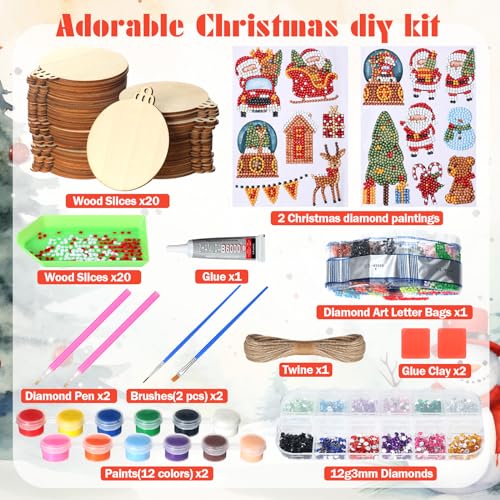 Zhanmai 40 Pcs Christmas DIY Craft for Kid Unfinished Wooden Christmas Ornaments Wood Slices with Gem Diamond Painting Sets 5d Round Wooden Xmas - WoodArtSupply