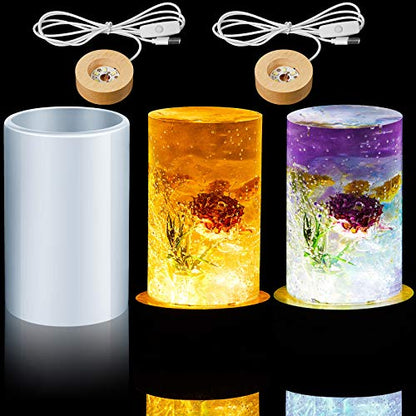Resin Cylinder Silicone Light Mold Set, Include Cylinder Light Mold and USB Powered Wooden Lighted Base Stand for Lamp DIY Desktop Ornaments Table