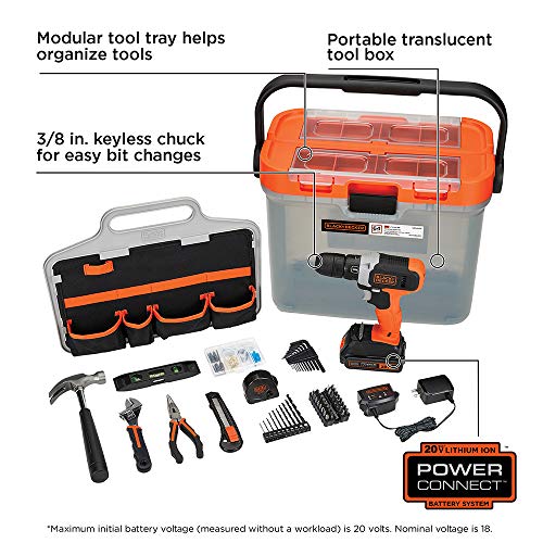 BLACK+DECKER 20V MAX Drill with Home Tool Kit, 66-Piece (BCKSB62C1) BLACK+DECKER