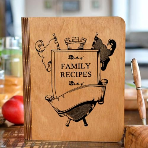 Drawelry Personalized Recipe Book, Custom Recipe Book, Customized Beautiful Floral Engraving Name Text Wood Cover Journal Notebook Christmas Mother's Drawelry