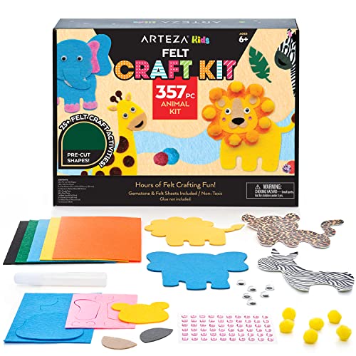 Arteza Kids Felt Kit, 357 Pieces, 25 Pre-Cut Animal Shapes, 5 Felt Sheets, 140 Mini-Pieces, Gemstone Stickers, Yarn, Glue, and Accessories – ARTEZA