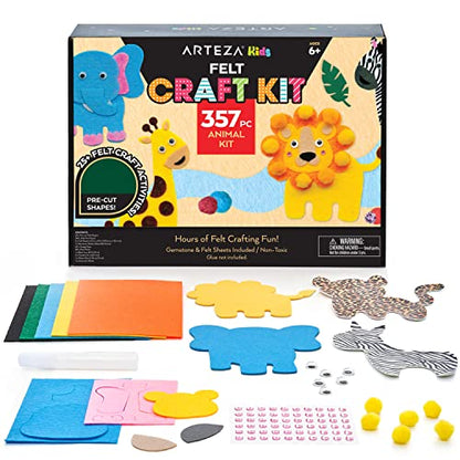 Arteza Kids Felt Kit, 357 Pieces, 25 Pre-Cut Animal Shapes, 5 Felt Sheets, 140 Mini-Pieces, Gemstone Stickers, Yarn, Glue, and Accessories – - WoodArtSupply