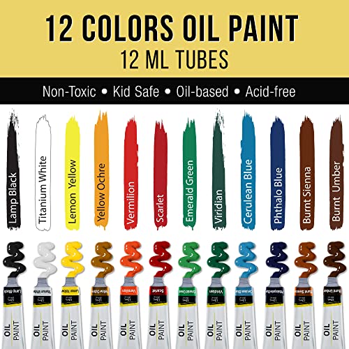 U.S. Art Supply 28-Piece Artist Oil Painting Set with 12 Vivid Oil Paint Colors, 12" Easel, 3 Canvas Panels, 10 Brushes, Painting Palette, Color - WoodArtSupply