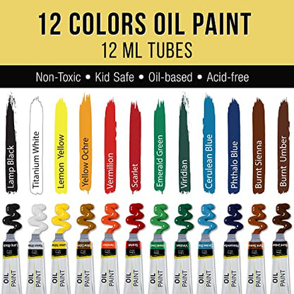 U.S. Art Supply 28-Piece Artist Oil Painting Set with 12 Vivid Oil Paint Colors, 12" Easel, 3 Canvas Panels, 10 Brushes, Painting Palette, Color