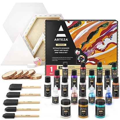 ARTEZA Acrylic Pouring Paint Kit, 36 Pieces, Bright and Iridescent Pouring Paint, Pearlized Paint, 3D Fabric Paint, Chunky Glitter, Wood Slices,