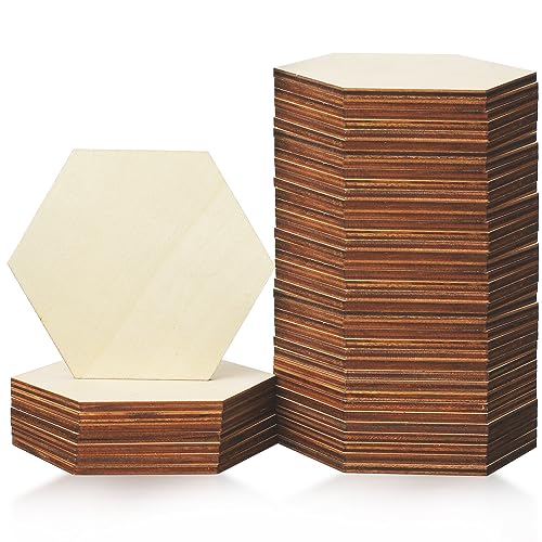 24 Pcs Unfinished Hexagon Wood Cutouts 1/5" Thick Blank Wood Hexagon Pieces Wooden Hexagon Shape Tile Slabs Wood Slice Cutout for DIY Crafts Coaster - WoodArtSupply