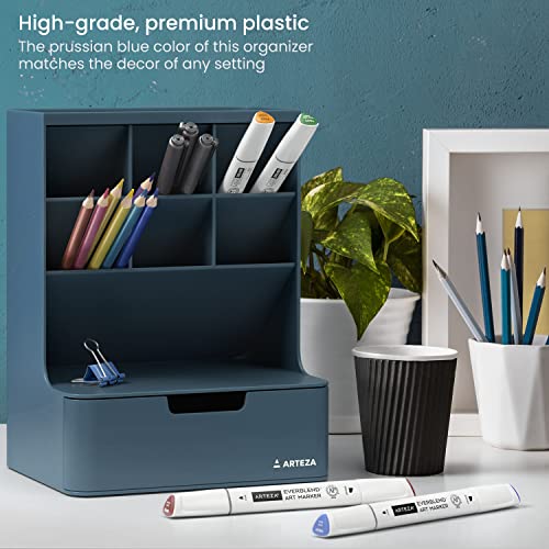 Arteza Desktop Pen and Marker Organizer, 6-Compartment Blue Pen Holder for Desk with Stationery Drawer, 5.43in x 7.09in x 9.33in, Makeup Organizer