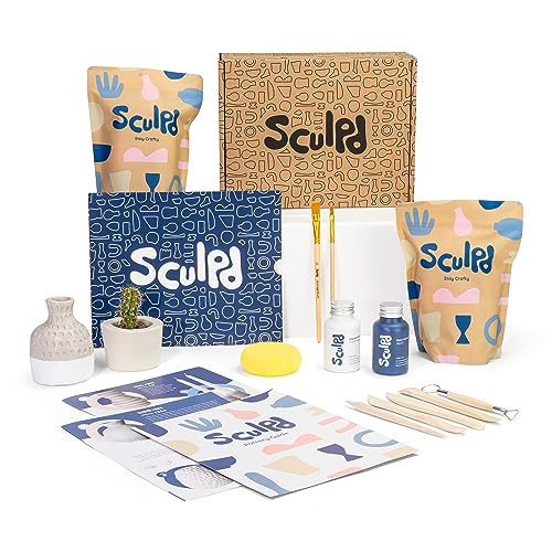Sculpd Pottery Kit, Air Dry Clay Starter Kit for Beginners with Matte Varnish, Pottery Kit for Two Includes Paint, Tool Set, Paintbrushes, Sponge and Sculpd