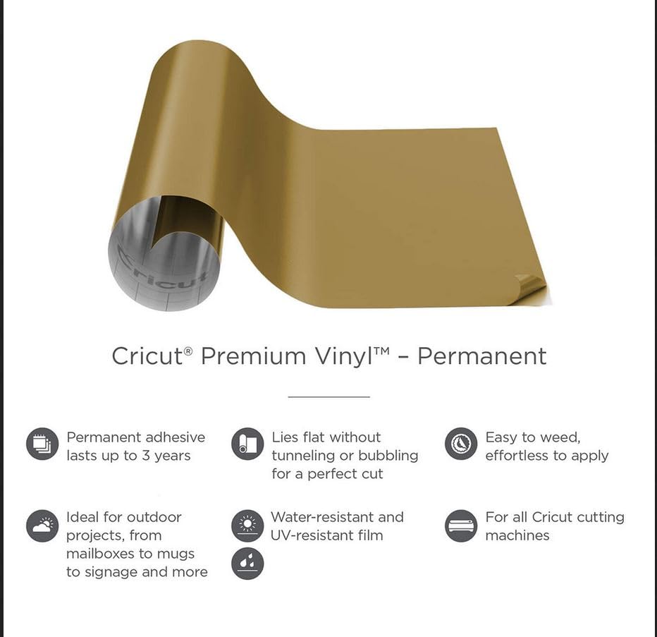 Cricut Premium Permanent Vinyl (12" x 48"), Strong Adhesive Lasts for 3 Years, UV & Water-Resistant, Perfect for Indoor-Outdoor DIY Projects, - WoodArtSupply