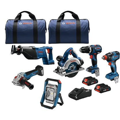 BOSCH GXL18V-601B25 18V 6-Tool Combo Kit with 2-In-1 Bit/Socket Impact Driver, Hammer Drill/Driver, Reciprocating Saw, Circular Saw, Angle Grinder, - WoodArtSupply