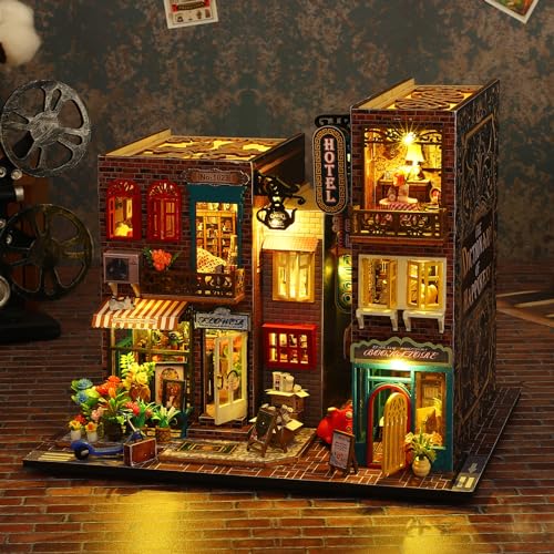 DIY Miniature Dollhouse Kit, Book Nook Kit Tiny House Model with LED Lights, 3D Wooden Puzzle for Adults, Self-Assembly Bookend Building Set Model